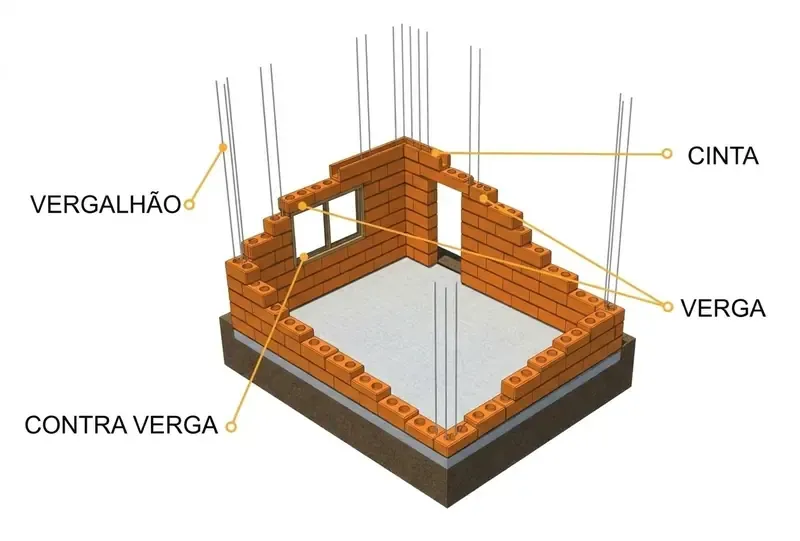 Estrutura 3D de uma obra com tijolo ecológico mostrando vergalhão, cinta, verga e contra verga